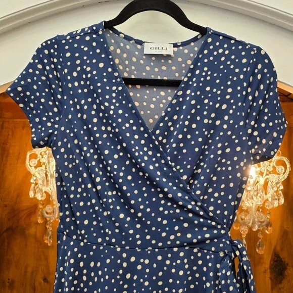 Gilli Blue Ivory Polka Dot Faux Wrap Fit & Flare Dress XS Side Tie Stretch NWT - Picture 3 of 7